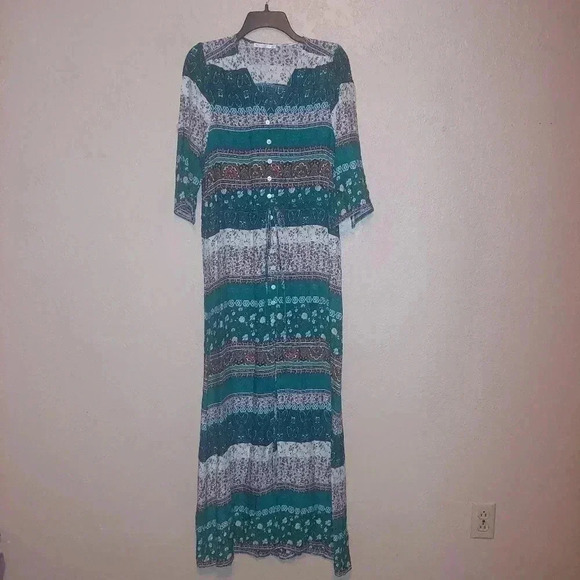 R. VIVIMOS Maxi Dress Size M Floral  Boho Prairie Festival Flowy Front Slit - Picture 3 of 10